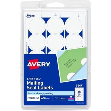 Avery&amp;reg; Mailing Seals, Permanent, 1&quot; Diameter, 600 Labels (5247) - Matte - 600 / Pack - Permanent Adhesive, Laminated, Moisture Resistant, Water Resistant - White