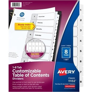 Avery&amp;reg; Ready Index Classic Tab Binder Dividers - 8 x Divider(s) - 1-8 - 8 Tab(s)/Set - 8.5&quot; Divider Width x 11&quot; Divider Length - 3 Hole Punched - White Paper Divider - White Paper Tab(s) - Recycle