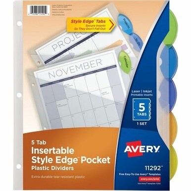 Avery&amp;reg; Insertble Style Edge Plastic Pocket Dividers - 5 x Divider(s) - 5 - 5 Tab(s)/Set - 9.3&quot; Divider Width x 11.25&quot; Divider Length - 3 Hole Punched - Translucent Plastic Divider - Multicolor Pla