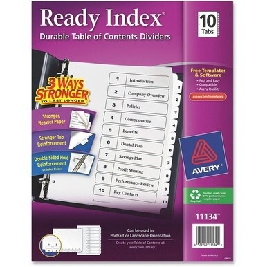 Avery&amp;reg; Ready Index Classic Tab Binder Dividers - 10 x Divider(s) - 1-10 - 10 Tab(s)/Set - 8.5&quot; Divider Width x 11&quot; Divider Length - 3 Hole Punched - White Paper Divider - White Paper Tab(s) - Recy