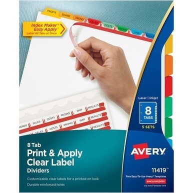 Avery&amp;reg; Index Maker Index Divider - 40 x Divider(s) - 8 - 8 Tab(s)/Set - 8.5" Divider Width x 11" Divider Length - 3 Hole Punched - White Paper Divider - Multicolor Paper Tab(s) - 5 / Set