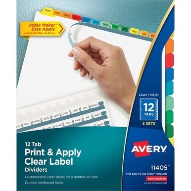 Avery&amp;reg; Index Maker Index Divider - 60 x Divider(s) - 12 - 12 Tab(s)/Set - 8.5" Divider Width x 11" Divider Length - 3 Hole Punched - White Paper Divider - Multicolor Paper Tab(s) - Recycled - 5 / 