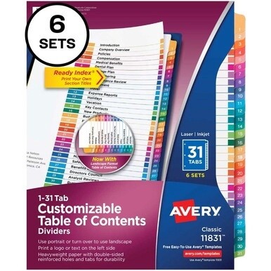 Avery&amp;reg; Ready Index 31 Tab Dividers, Customizable TOC, 6 Sets - 186 x Divider(s) - 1-31, Table of Contents - 31 Tab(s)/Set - 8.5&quot; Divider Width x 11&quot; Divider Length - 3 Hole Punched - White Paper D