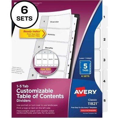Avery&amp;reg; Classification Folder 5-tab TOC Dividers - 30 x Divider(s) - 1-5, Table of Contents - 5 Tab(s)/Set - 8.5&quot; Divider Width x 11&quot; Divider Length - 3 Hole Punched - White Paper Divider - White P