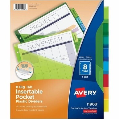 Avery&amp;reg; Big Tab Insertable Plastic Dividers w/Pockets - 8 x Divider(s) - 8 - 8 Tab(s)/Set - 9.3" Divider Width x 11.13" Divider Length - 3 Hole Punched - Translucent Plastic, Multicolor Divider - M