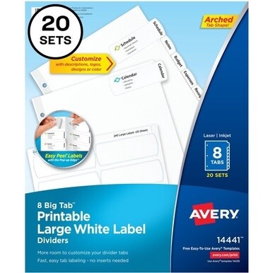 Avery&amp;reg; Big Tab Printable Large White Dividers with Easy Peel, 8 Tabs - 160 x Divider(s) - 8 - 8 Tab(s)/Set - 8.5&quot; Divider Width x 11&quot; Divider Length - 3 Hole Punched - White Paper Divider - White 
