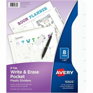 Avery&amp;reg; Write &amp; Erase Pocket Plastic Dividers - 8 x Divider(s) - 8 Write-on Tab(s) - 8 - 8 Tab(s)/Set - 9.3&quot; Divider Width x 11.13&quot; Divider Length - 3 Hole Punched - White Plastic Divider - White P