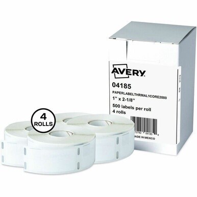 Avery&amp;reg; Direct Thermal Roll Labels, 1&quot; x 2-1/8&quot; , White, 500 Address Labels Per Roll, 4 Rolls (4185) - Avery&amp;reg; Thermal Roll Labels, 1&quot; x 2-1/8&quot; , 500 Labels/Roll-4 Rolls (4185)