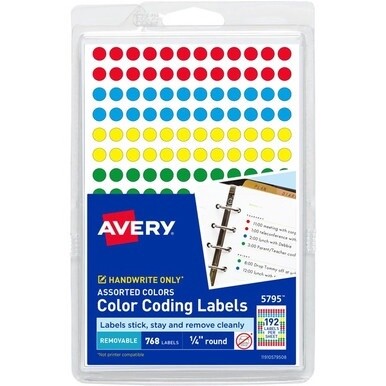 Avery&amp;reg; Dot Stickers, 1/4" Diameter, Assorted, 760 Total (5795) - - Width1/4" Diameter - Removable Adhesive - Round - Matte - Green, Light Blue, Red, Yellow - Paper - 192 / Sheet - 4 Total Sheets -