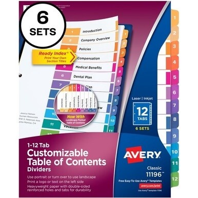 Avery&amp;reg; Ready Index Custom TOC Binder Dividers - 72 x Divider(s) - 1-12 - 12 Tab(s)/Set - 8.5" Divider Width x 11" Divider Length - 3 Hole Punched - White Paper Divider - Multicolor Paper Tab(s) - 