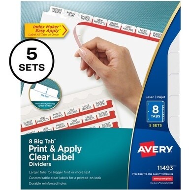 Avery&amp;reg; Big Tab Index Maker Index Divider - 40 x Divider(s) - Print-on Tab(s) - 8 - 8 Tab(s)/Set - 8.5&quot; Divider Width x 11&quot; Divider Length - 3 Hole Punched - White Paper Divider - White Paper Tab(s