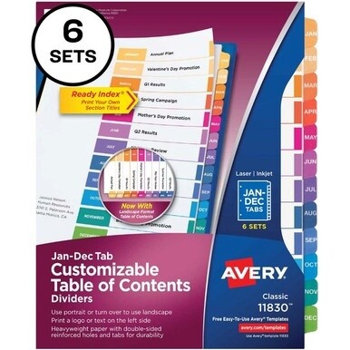 Avery&amp;reg; Ready Index 12 Tab Dividers, Customizable TOC, 6 Sets - 72 x Divider(s) - Jan-Dec, Table of Contents - 12 Tab(s)/Set - 8.5&quot; Divider Width x 11&quot; Divider Length - 3 Hole Punched - White Paper