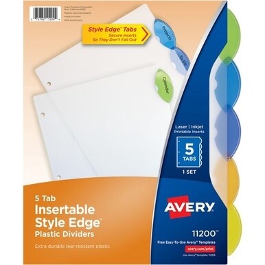 Avery&amp;reg; Plastic Binder Dividers, Insertable Multicolor Style Edge 5-tabs - 5 x Divider(s) - 5 Tab(s) - 5 - 5 Tab(s)/Set - 8.5&quot; Divider Width x 11&quot; Divider Length - 3 Hole Punched - Translucent Plas