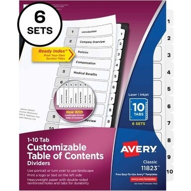 Avery&amp;reg; Ready Index 10-tab Custom TOC Dividers - 60 x Divider(s) - 1-10, Table of Contents - 10 Tab(s)/Set - 8.5&quot; Divider Width x 11&quot; Divider Length - 3 Hole Punched - White Paper Divider - White P