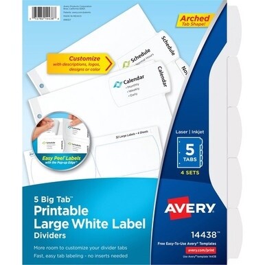 Avery&amp;reg; Big Tab Printable Large White Label Dividers - 20 x Divider(s) - 5 - 5 Tab(s)/Set - 8.5&quot; Divider Width x 11&quot; Divider Length - 3 Hole Punched - White Paper Divider - White Paper Tab(s) - Rec