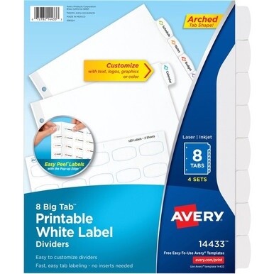 Avery&amp;reg; Big Tab Printable Label Dividers, Easy Peel Labels, 8 Tabs - 32 x Divider(s) - 8 - 8 Tab(s)/Set - 8.5&quot; Divider Width x 11&quot; Divider Length - 3 Hole Punched - White Paper Divider - White Pape