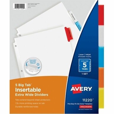 Avery&amp;reg; Big Tab Extra-Wide Insertable Dividers - 5 Blank Tab(s) - 5 Tab(s)/Set - 9&quot; Divider Width x 11&quot; Divider Length - 3 Hole Punched - White Paper Divider - Multicolor Tab(s) - Recycled - Reinfo