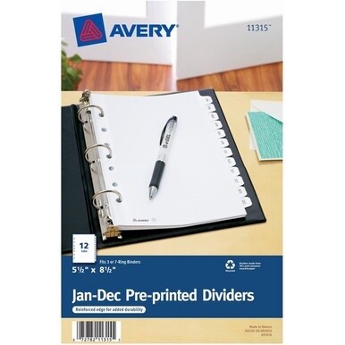 Avery&amp;reg; Monthly Preprinted Tab Dividers - 12 x Divider(s) - Jan-Dec - 12 Tab(s)/Set - 5.5&quot; Divider Width x 8.50&quot; Divider Length - 7 Hole Punched - White Paper Divider - White Paper Tab(s) - Recycle