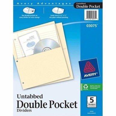 Avery&amp;reg; Untabbed Double Pocket Dividers - 11.1&quot; Height x 9.3&quot; Width - 2 x Pockets Capacity - For Letter 8 1/2&quot; x 11&quot; Sheet - Ring Binder - Rectangular - Buff - 5 / Pack
