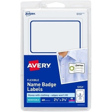 Avery&amp;reg; Flexible Name Badge Labels - 2 1/3&quot; Height x 3 3/8&quot; Width - Removable Adhesive - Rectangle - Laser, Inkjet - White, Blue - Film - 2 / Sheet - 20 Total Sheets - 720 Total Label(s)