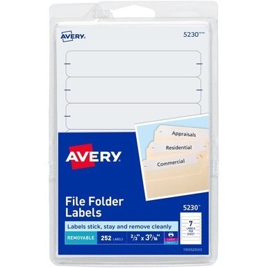 Avery&amp;reg; Removable File Folder Labels - 21/32&quot; Width x 3 7/16&quot; Length - Removable Adhesive - Rectangle - Laser, Inkjet - White - Paper - 7 / Sheet - 648 Total Sheets - 4536 Total Label(s) - 18 / Car