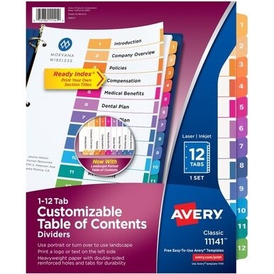 Avery&amp;reg; Ready Index Custom TOC Binder Dividers - 12 x Divider(s) - 1-12 - 12 Tab(s)/Set - 8.5&quot; Divider Width x 11&quot; Divider Length - 3 Hole Punched - White Paper Divider - Multicolor Paper Tab(s) - 