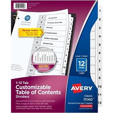 Avery&amp;reg; Ready Index Classic Tab Binder Dividers - 12 x Divider(s) - 1-12 - 12 Tab(s)/Set - 8.5&quot; Divider Width x 11&quot; Divider Length - 3 Hole Punched - White Paper Divider - White Paper Tab(s) - 12 /