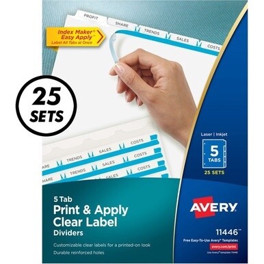 Avery&amp;reg; Index Maker Print &amp; Apply Dividers - 125 x Divider(s) - Print-on Tab(s) - 5 - 5 Tab(s)/Set - 8.5&quot; Divider Width x 11&quot; Divider Length - 3 Hole Punched - White Paper Divider - White Paper Tab