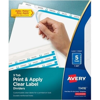 Avery&amp;reg; Index Maker Index Divider - 5 x Divider(s) - 5 - 5 Tab(s)/Set - 8.5" Divider Width x 11" Divider Length - 3 Hole Punched - White Paper Divider - White Paper Tab(s) - 5 / Set