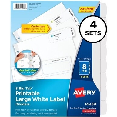 Avery&amp;reg; Big Tab Tab Divider - 32 x Divider(s) - 8 - 8 Tab(s)/Set - 8.5" Divider Width x 11" Divider Length - 3 Hole Punched - White Paper Divider - White Paper Tab(s) - Recycled - 4 / Pack