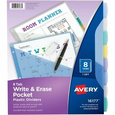 Avery&amp;reg; Write &amp; Erase Pocket Dividers - 8 x Divider(s) - 8 Write-on Tab(s) - 8 - 8 Tab(s)/Set - 9.3&quot; Divider Width x 11.13&quot; Divider Length - 3 Hole Punched - Multicolor Plastic Divider - Multicolor