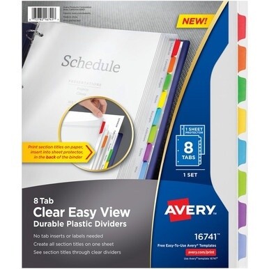Avery&amp;reg; Easy View Plastic Dividers - 8 x Divider(s) - 8 - 8 Tab(s)/Set - 8.5&quot; Divider Width x 11&quot; Divider Length - 3 Hole Punched - Clear Plastic Divider - Multicolor Plastic Tab(s) - 8 / Set