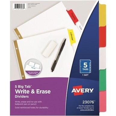 Avery&amp;reg; Big Tab Write &amp; Erase Dividers - 5 x Divider(s) - 5 Write-on Tab(s) - 5 - 5 Tab(s)/Set - 8.5&quot; Divider Width x 11&quot; Divider Length - 3 Hole Punched - White Paper Divider - Multicolor Paper Ta