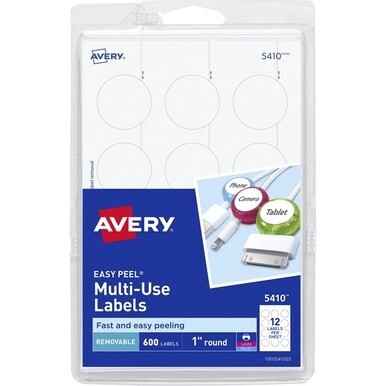 Avery&amp;reg; Removable ID Labels - - Height1" Diameter - Removable Adhesive - Circle - Inkjet, Laser - White - 600 / Pack - Self-adhesive