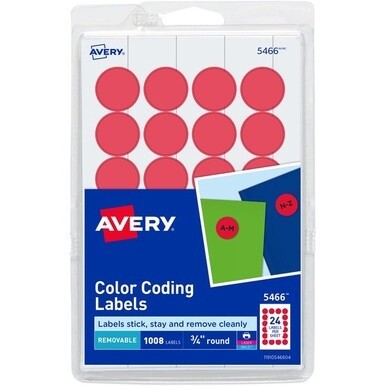 Avery&amp;reg; Color-Coding Labels - - Width3/4&quot; Diameter - Removable Adhesive - Round - Laser, Inkjet - Matte - Red - Paper - 24 / Sheet - 42 Total Sheets - 1008 Total Label(s) - 1008 / Pack