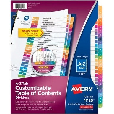 Avery&amp;reg; Ready Index A-Z Table of Contents Dividers - 26 x Divider(s) - A-Z - 26 Tab(s)/Set - 8.5" Divider Width x 11" Divider Length - 3 Hole Punched - White Paper Divider - Multicolor Paper Tab(s)