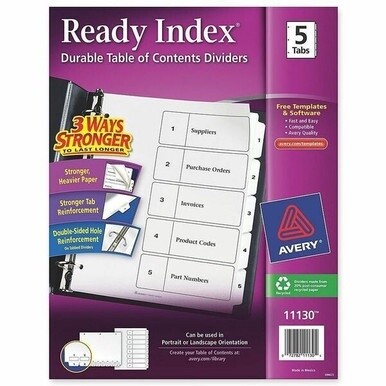 Avery&amp;reg; Ready Index Classic Tab Binder Dividers - 5 x Divider(s) - 1-5 - 5 Tab(s)/Set - 8.5&quot; Divider Width x 11&quot; Divider Length - 3 Hole Punched - White Paper Divider - White Paper Tab(s) - Recycle