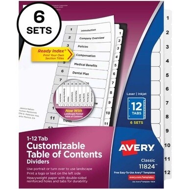 Avery&amp;reg; Ready Index 12-tab Custom TOC Dividers - 72 x Divider(s) - 1-12, Table of Contents - 12 Tab(s)/Set - 8.5" Divider Width x 11" Divider Length - 3 Hole Punched - White Paper Divider - White P