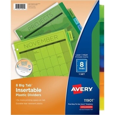 Avery&amp;reg; Big Tab Insertable Plastic Dividers - 8 x Divider(s) - 8 - 8 Tab(s)/Set - 8.5&quot; Divider Width x 11&quot; Divider Length - 3 Hole Punched - Translucent Plastic Divider - Multicolor Plastic Tab(s)
