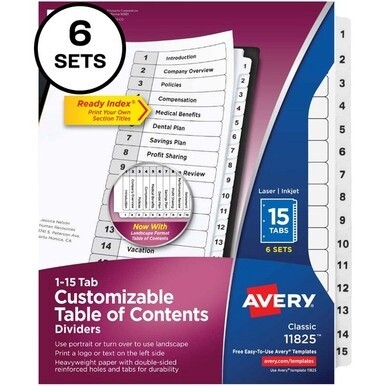 Avery&amp;reg; 15-tab Custom Table of Contents Dividers - 90 x Divider(s) - 1-15, Table of Contents - 15 Tab(s)/Set - 8.5&quot; Divider Width x 11&quot; Divider Length - 3 Hole Punched - White Paper Divider - White