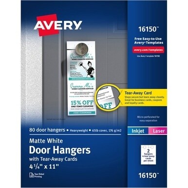 Avery&amp;reg; Laser Inkjet Tear-Away Cards Door Hanger - 80 / Pack - Double-sided, Sturdy, Printable - White