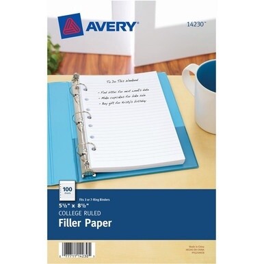 Avery&amp;reg; Filler paper for 3-Ring/7-Ring Mini Binders - College Ruled - 7 Hole(s) - 5 1/2" x 8 1/2" - White Paper - Mediumweight - 100 / Pack