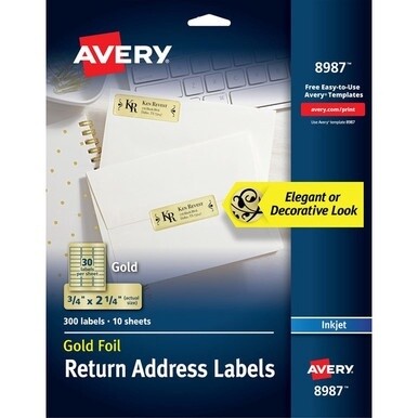 Avery&amp;reg; Foil Mailing Labels - 3/4&quot; Height x 2 1/4&quot; Width - Permanent Adhesive - Rectangle - Inkjet - Gold - Paper, Foil - 30 / Sheet - 10 Total Sheets - 1500 Total Label(s) - 5 / Carton