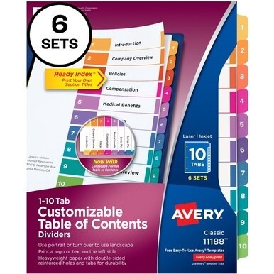 Avery&amp;reg; Ready Index Custom TOC Binder Dividers - 60 x Divider(s) - 1-10 - 10 Tab(s)/Set - 8.5" Divider Width x 11" Divider Length - 3 Hole Punched - White Paper Divider - Multicolor Paper Tab(s) - 