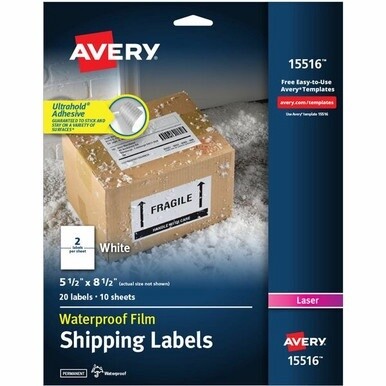 Avery&amp;reg; Waterproof Shipping Labels with Ultrahold&amp;reg; Permanent Adhesive, 5-1/2&quot; x 8-1/2&quot; , 20 Labels for Laser Printers (15516) - Avery&amp;reg; 5-1/2&quot; x 8-1/2&quot; Labels, Ultrahold&amp;reg;, 20 Labels (155