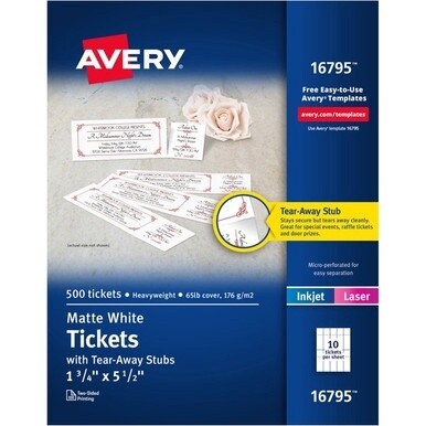 Avery&amp;reg; Blank Printable Perforated Raffle Tickets - Tear-Away Stubs - Matte White - 500/Pack