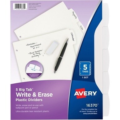 Avery&amp;reg; Big Tab Write &amp; Erase Dividers - 5 x Divider(s) - Write-on Tab(s) - 5 - 5 Tab(s)/Set - 8.5&quot; Divider Width x 11&quot; Divider Length - 3 Hole Punched - White Plastic Divider - White Plastic Tab(s