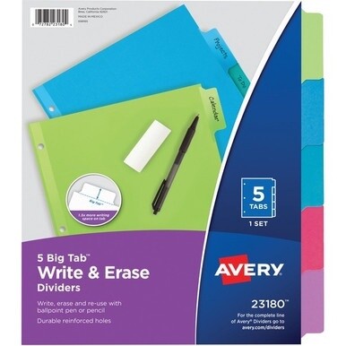 Avery&amp;reg; Big Tab Write &amp; Erase Dividers - 5 x Divider(s) - 5 Write-on Tab(s) - 5 - 5 Tab(s)/Set - 8.5&quot; Divider Width x 11&quot; Divider Length - 3 Hole Punched - Multicolor Paper Divider - Multicolor Pap