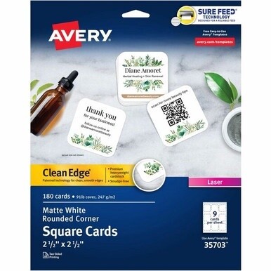 Avery&amp;reg; Clean Edge&amp;reg; Printable Square Cards with Sure Feed Technology, Rounded Corners, 2.5&quot; x 2.5&quot; , White, 180 Blank Cards for Laser Printers (35703) - Avery&amp;reg; Clean Edge&amp;reg; Square Cards,