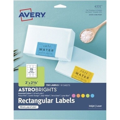 Avery&amp;reg; Easy Peel Multipurpose Label - 2" Width x 2 5/8" Length - Permanent Adhesive - Rectangle - Laser, Inkjet - Solar Yellow, Terra Green, Pulsar Pink, Lunar Blue, Cosmic Orange - Paper - 15 / S